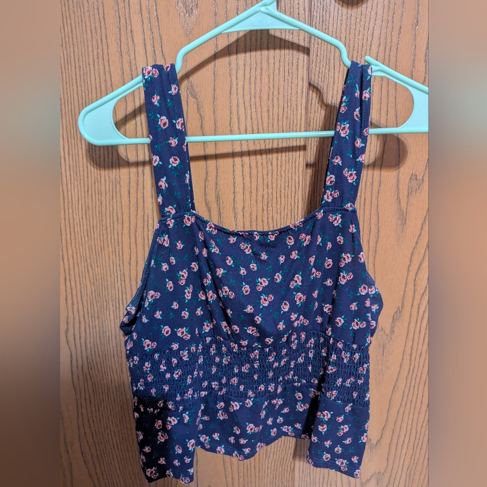 Express Navy and Pink Floral Ruffle Crop Top